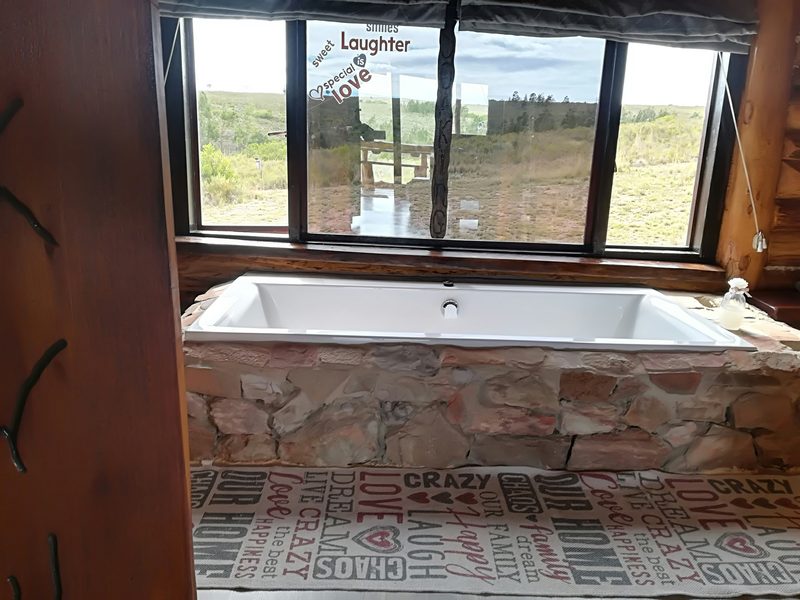 A huge bath set in stone under a window looking out to the veld