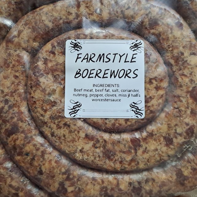 A coil of farmstyle boerewors with its ingredients label